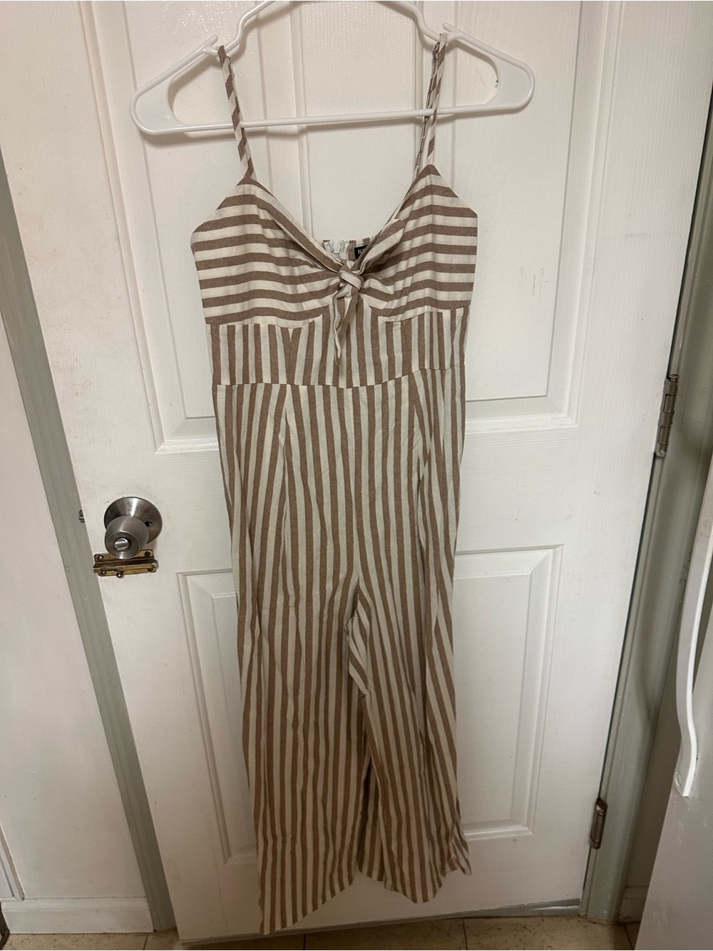 NASTY GAL Striped Tie-Front One-Piece Jumpsuit in Beige and White